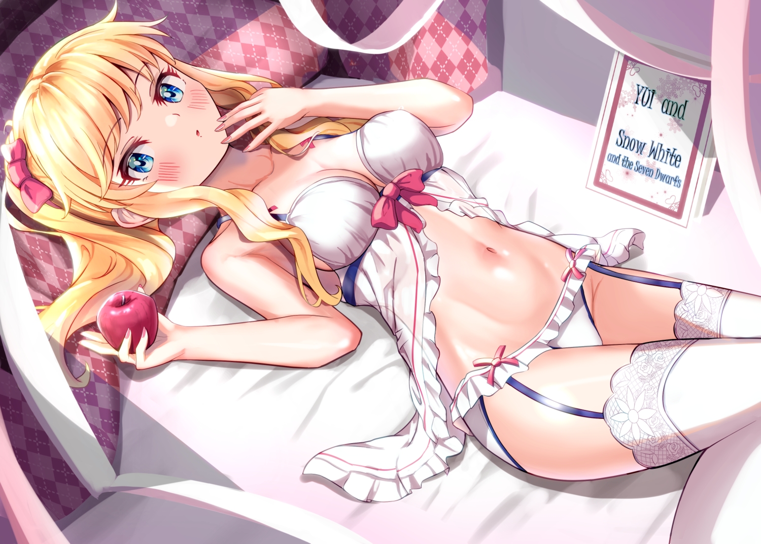 apple, bed, blonde_hair, food, fruit, idolmaster, idolmaster_cinderella_girls_starlight_stage, long_hair