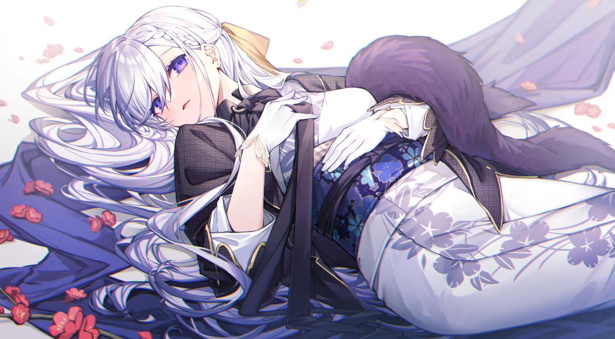 anthropomorphism, azur_lane, belfast_(azur_lane), braids, flowers, gloves, japanese_clothes, kimono, koyukomu, long_hair, purple_eyes, white_hair