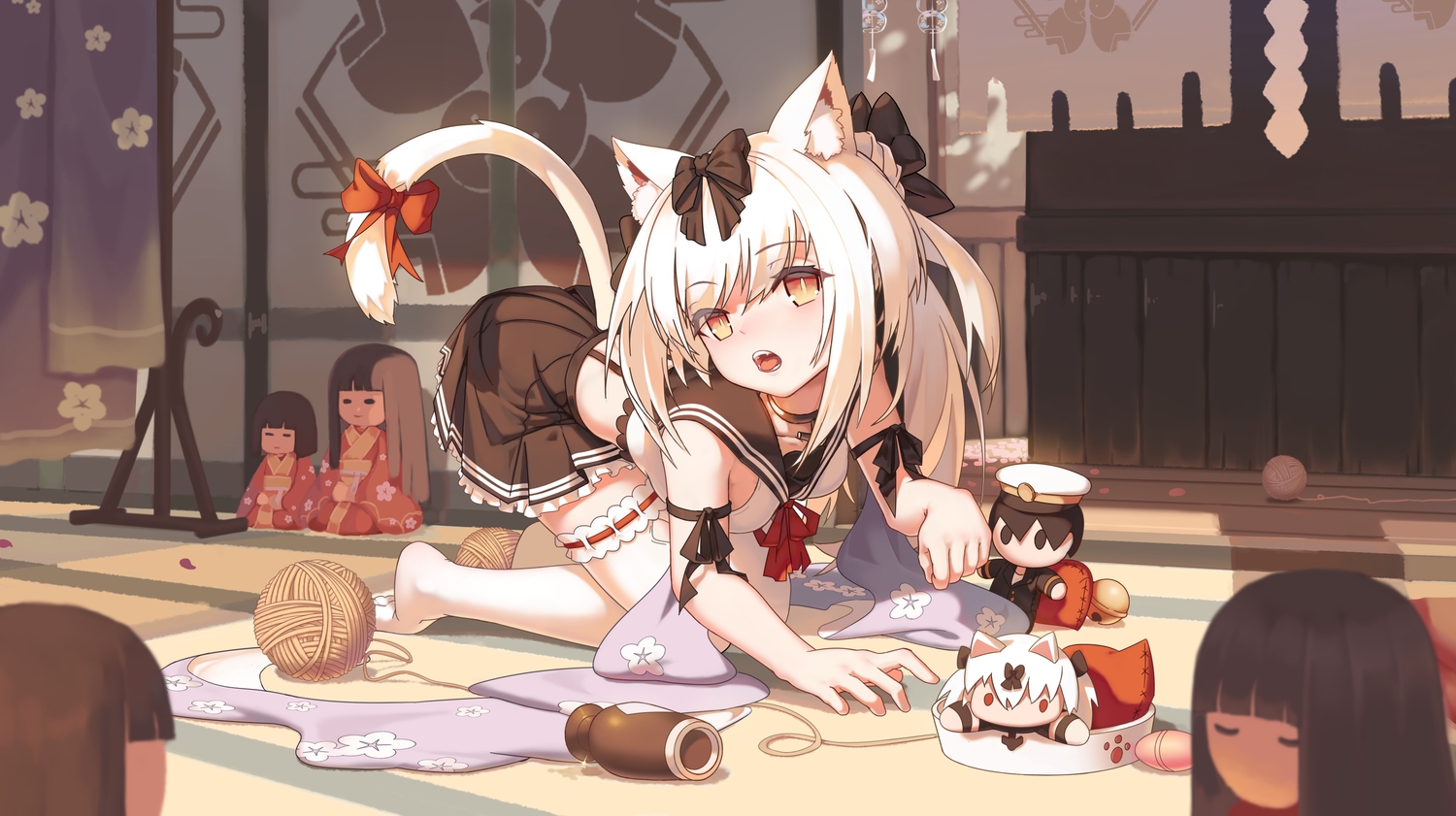 animal_ears, anthropomorphism, azur_lane, bell, blush, bow, brown_eyes, catgirl, dalian_(artist), doll, long_hair, tail, white_hair, yukikaze_(azur_lane)