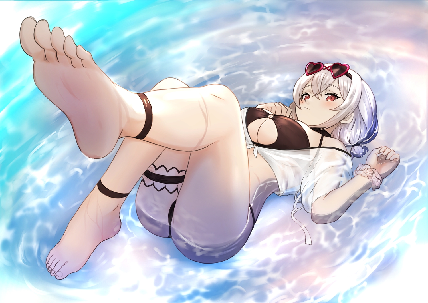 anthropomorphism, art_itou, azur_lane, barefoot, bikini, breasts, cleavage, sirius_(azur_lane), sunglasses, swimsuit, water