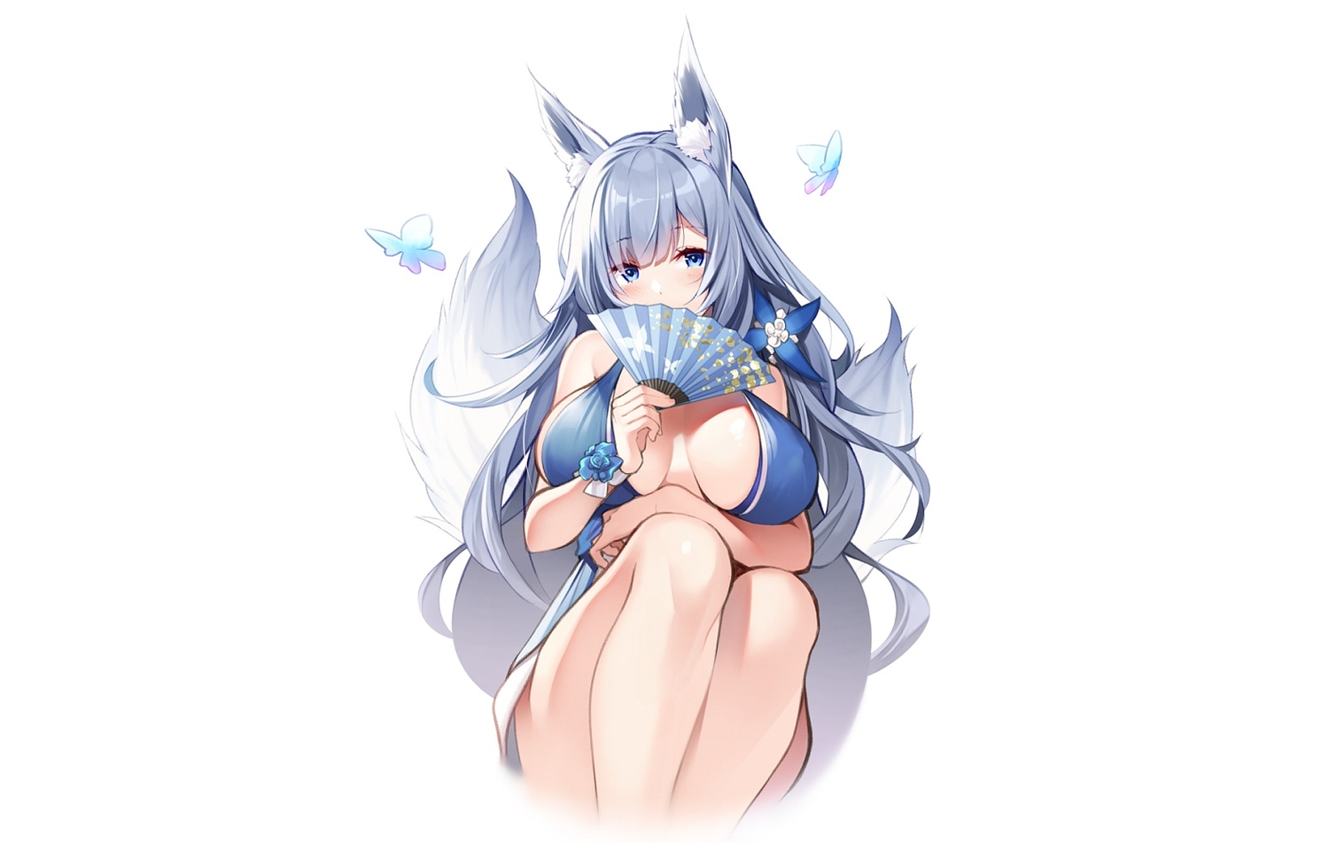 animal_ears, anthropomorphism, azur_lane, blue_eyes, blush, breast_hold, breasts, butterfly