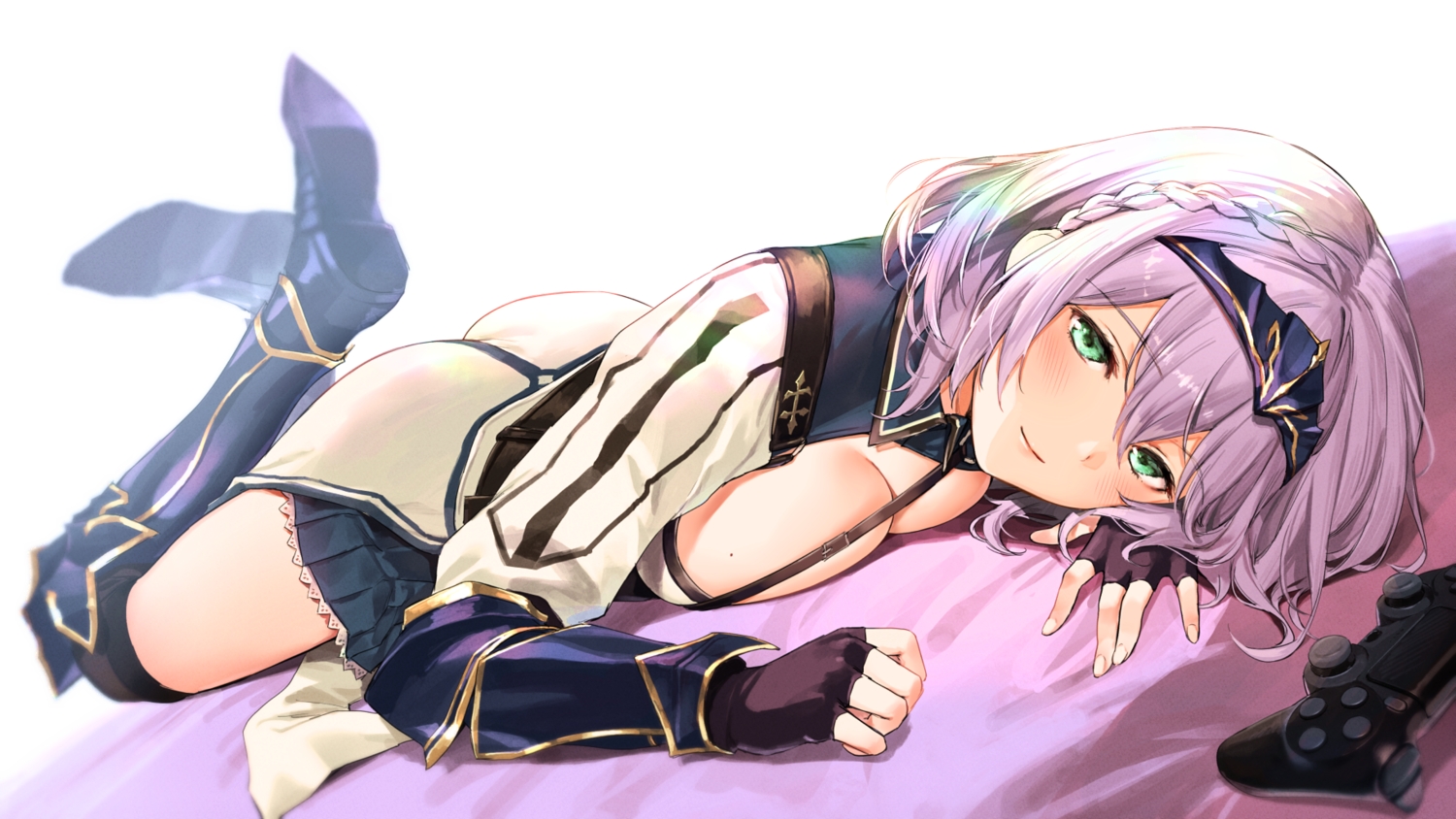 ass, boots, braids, breasts, cleavage, game_console, gloves, gray_hair