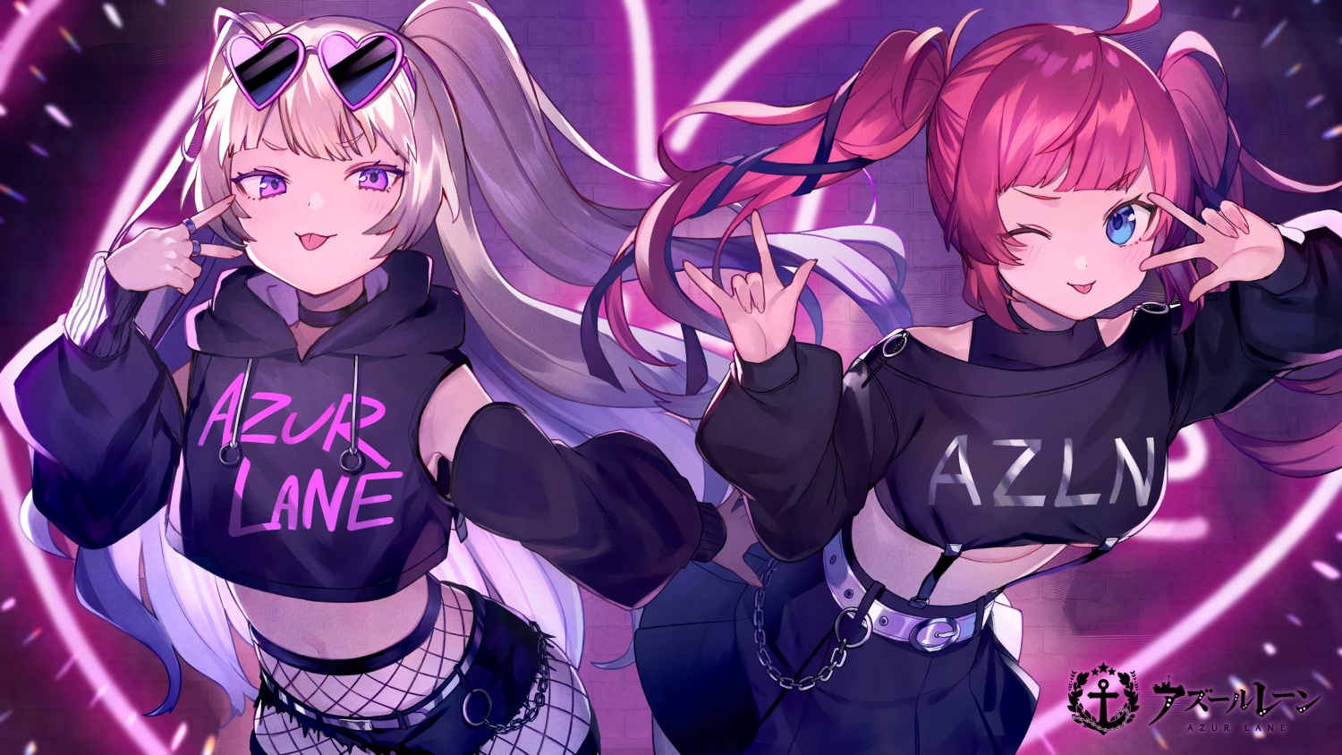 2girls, anthropomorphism, azur_lane, bache_(azur_lane), blonde_hair, blue_eyes, breasts, hood, logo, long_hair, purple_eyes, red_hair, san_diego_(azur_lane), shorts, shugao, sunglasses, twintails, underboob