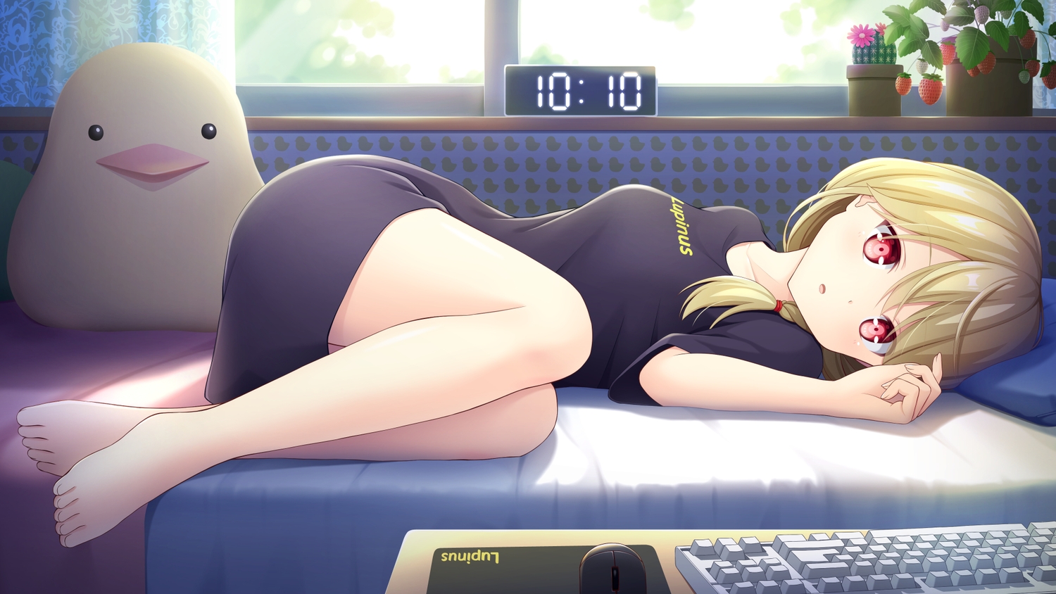 barefoot, bed, blonde_hair, computer, dress, food, fruit, kogara_toto, lupinus_virtual_games, ponytail, red_eyes, sora_freebird, strawberry