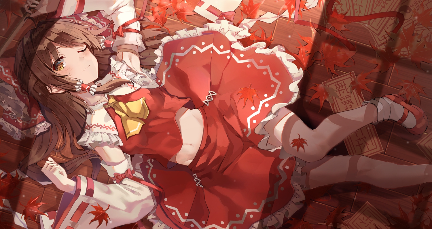 autumn, blush, brown_eyes, brown_hair, hakurei_reimu, japanese_clothes, kerno, leaves, long_hair, miko, navel, ofuda, socks, touhou, wink