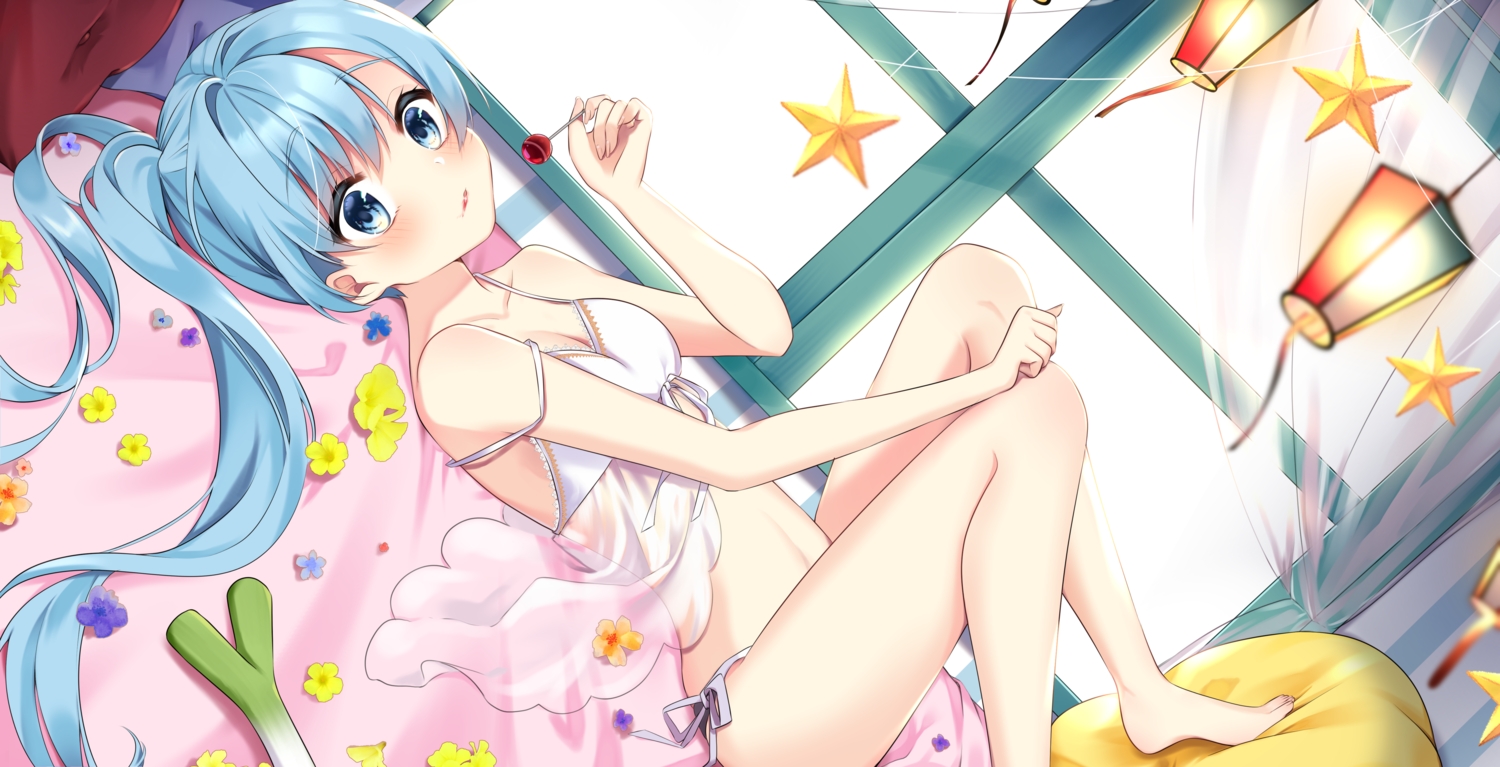 aqua_eyes, aqua_hair, barefoot, bed, blush, candy, flowers, hatsune_miku, leek, lollipop, long_hair, mukuro_usss, navel, ponytail, see_through, vocaloid