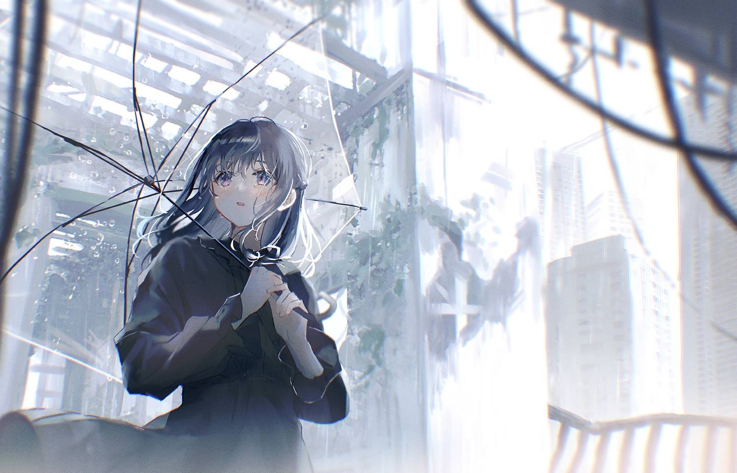 blush, building, city, crying, gothic, gray_hair, long_hair, original