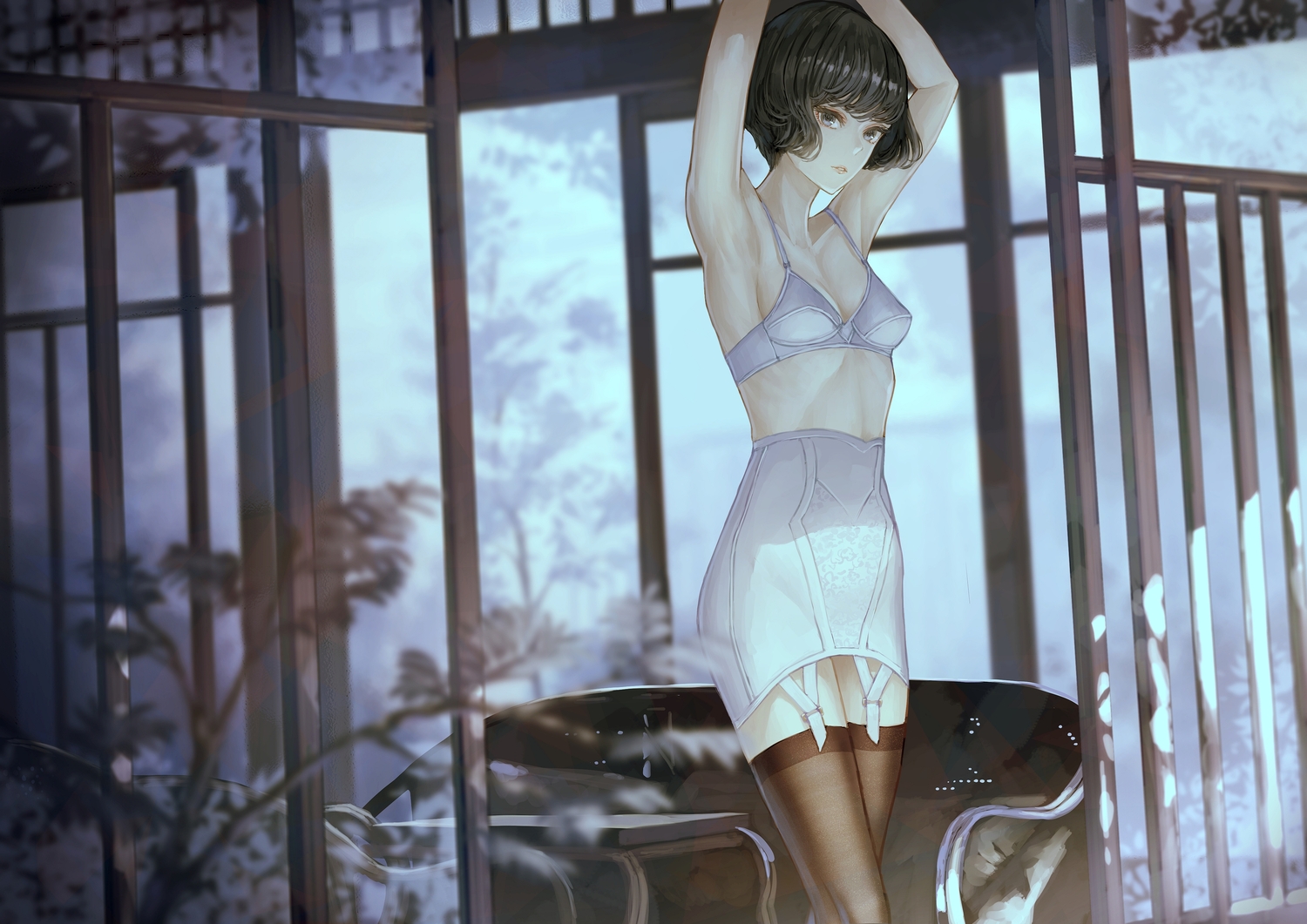 black_hair, bra, garter_belt, idolmaster, idolmaster_cinderella_girls, short_hair, skirt, takagaki_kaede