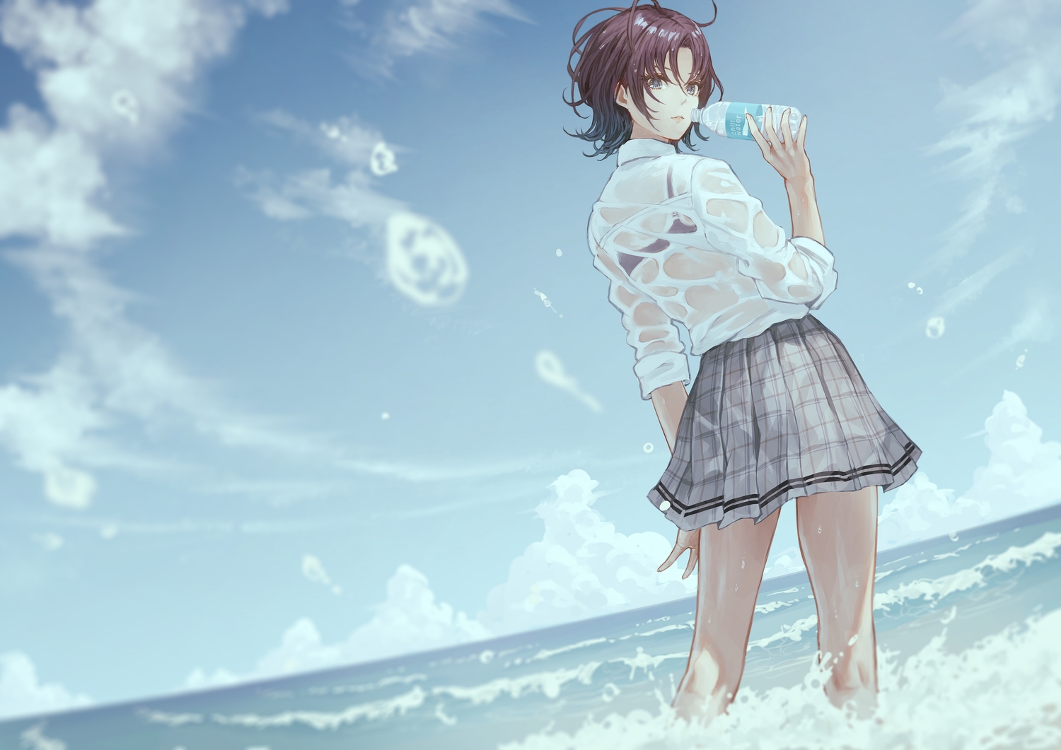 asakura_tooru, blue_eyes, bra, brown_hair, clouds, drink, idolmaster, idolmaster_shiny_colors