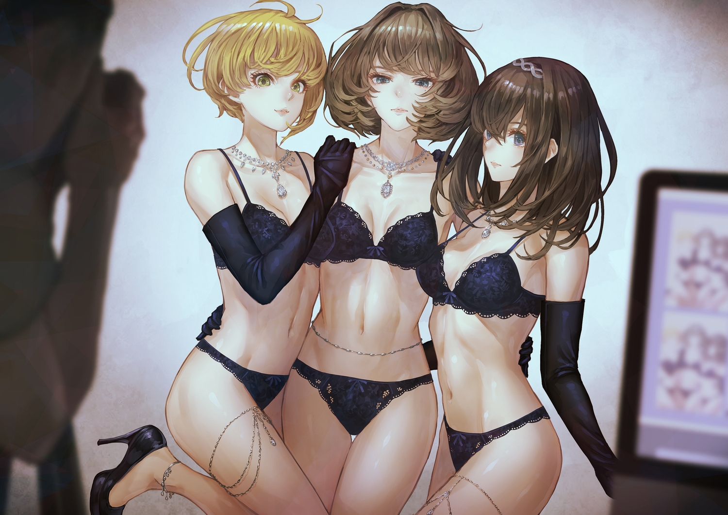 blonde_hair, blue_eyes, bra, breasts, brown_hair, cleavage, elbow_gloves, gloves, green_eyes, green_hair, headband, idolmaster, idolmaster_cinderella_girls, long_hair, miyamoto_frederica, navel, necklace, panties, sagisawa_fumika, short_hair, takagaki_kaede, underwear, yasukura_(shibu11)