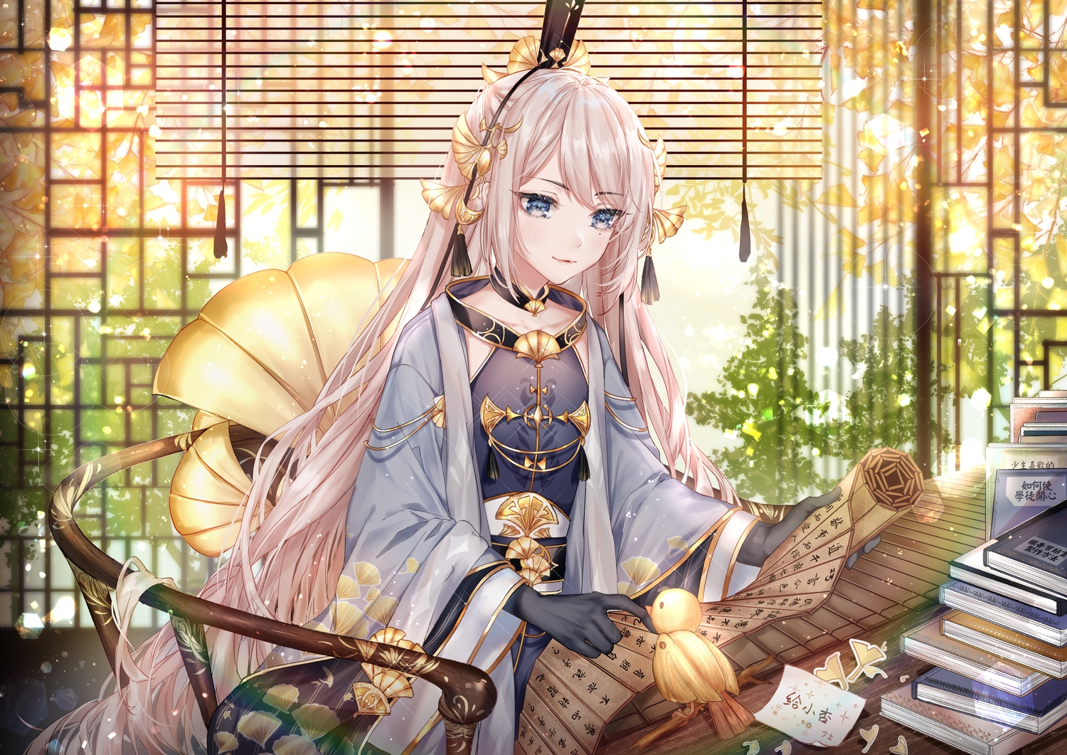 animal, anthropomorphism, bird, book, candied_ginko_nut_(the_tale_of_food), kity1211_tetsu, long_hair, paper