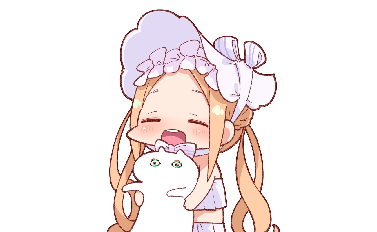 abigail_williams_(fate/grand_order), animal, bikini, blonde_hair, blush, bow, cat, chibi, fate/grand_order, fate_(series), headdress, lolita_fashion, long_hair, swimsuit, takatoo_kurosuke, twintails