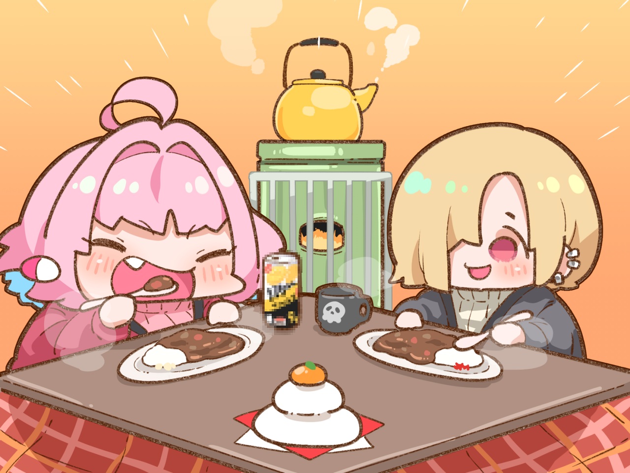 2girls, blonde_hair, blush, chibi, cropped, drink, fang, food