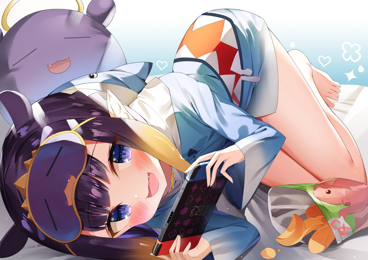 barefoot, blush, cat_smile, cosplay, fang, food, game_console, gradient