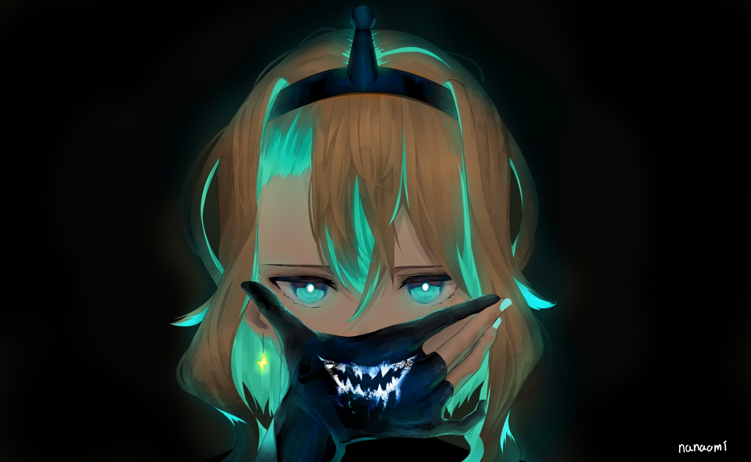 amano_pikamee, aqua_eyes, aqua_hair, blonde_hair, gloves, nanaomi_(ryniix), short_hair, signed, voms
