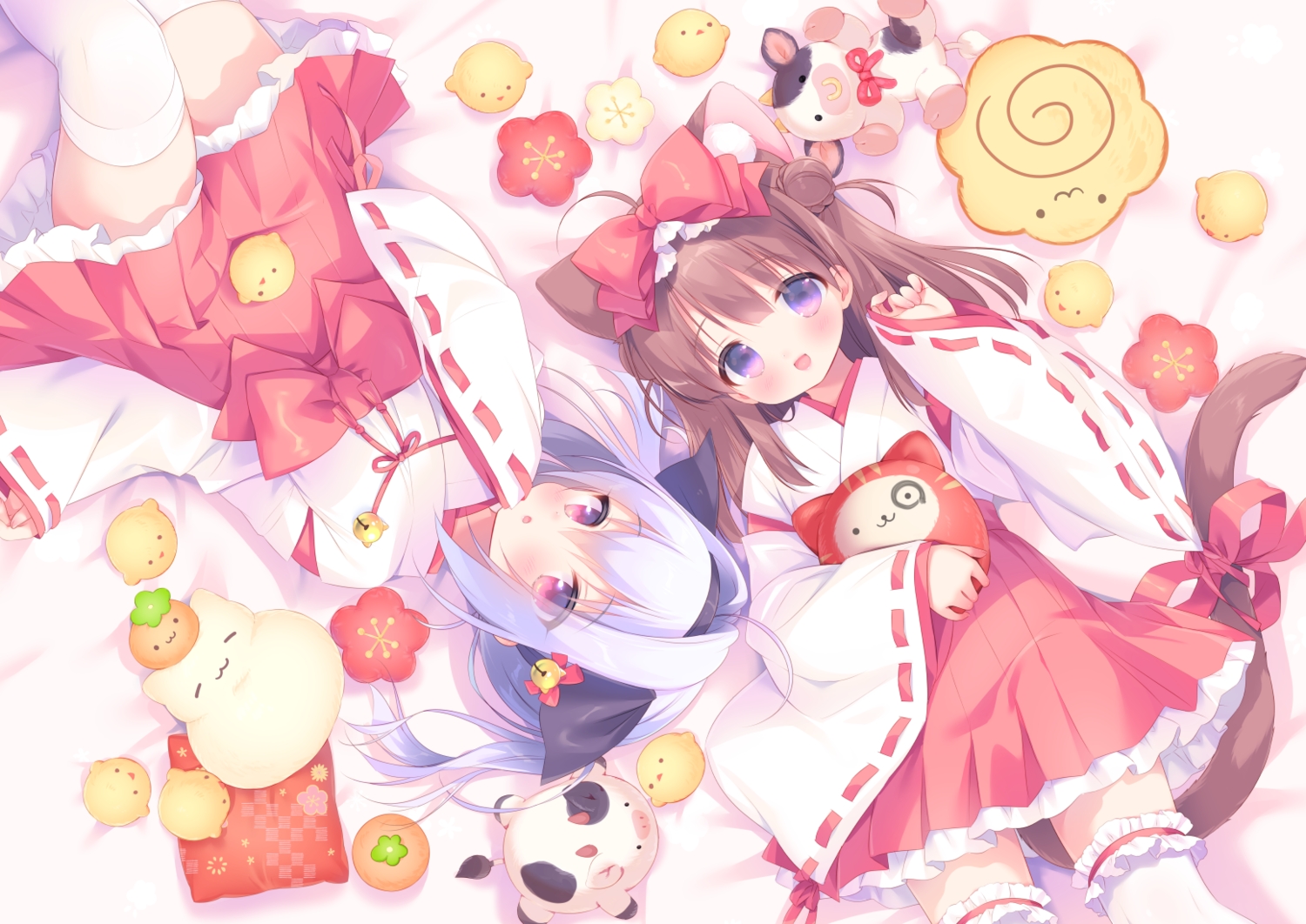 2girls, animal, animal_ears, bell, bird, blush, brown_hair, catgirl
