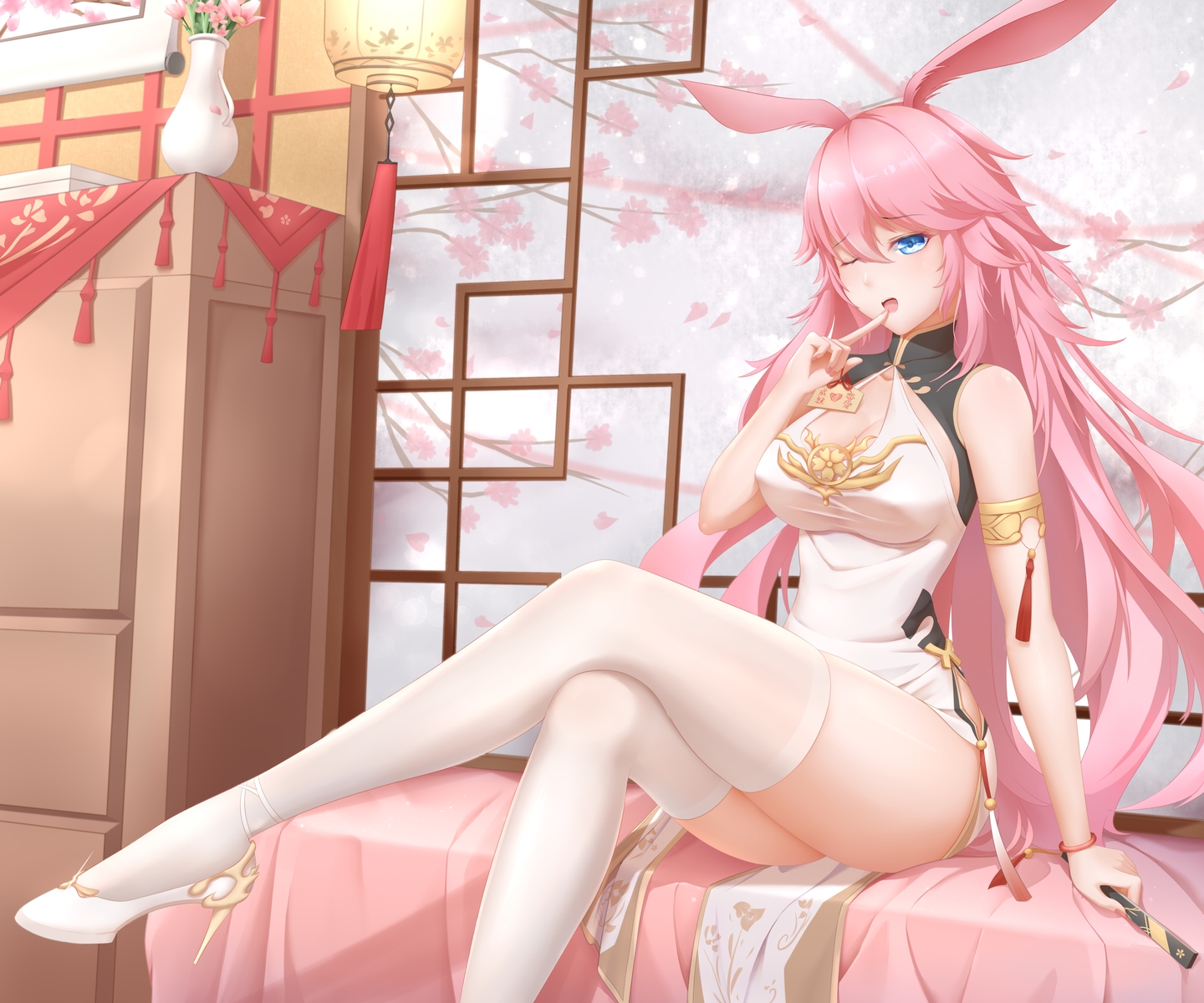 chinese_clothes, chinese_dress, dress, erect_nipples, fan, honkai_impact, honkai_(series), long_hair