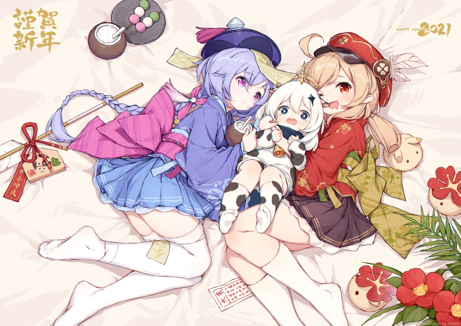 animal_ears, blonde_hair, blue_eyes, blue_hair, braids, cowgirl, drink, food, genshin_impact, hat, horns, japanese_clothes, kimono, klee_(genshin_impact), kneehighs, loli, long_hair, ofuda, paimon_(genshin_impact), pointed_ears, purple_eyes, qiqi_(genshin_impact), red_eyes, scarf, skirt, tears, thighhighs, timeo, twintails, white_hair, wink