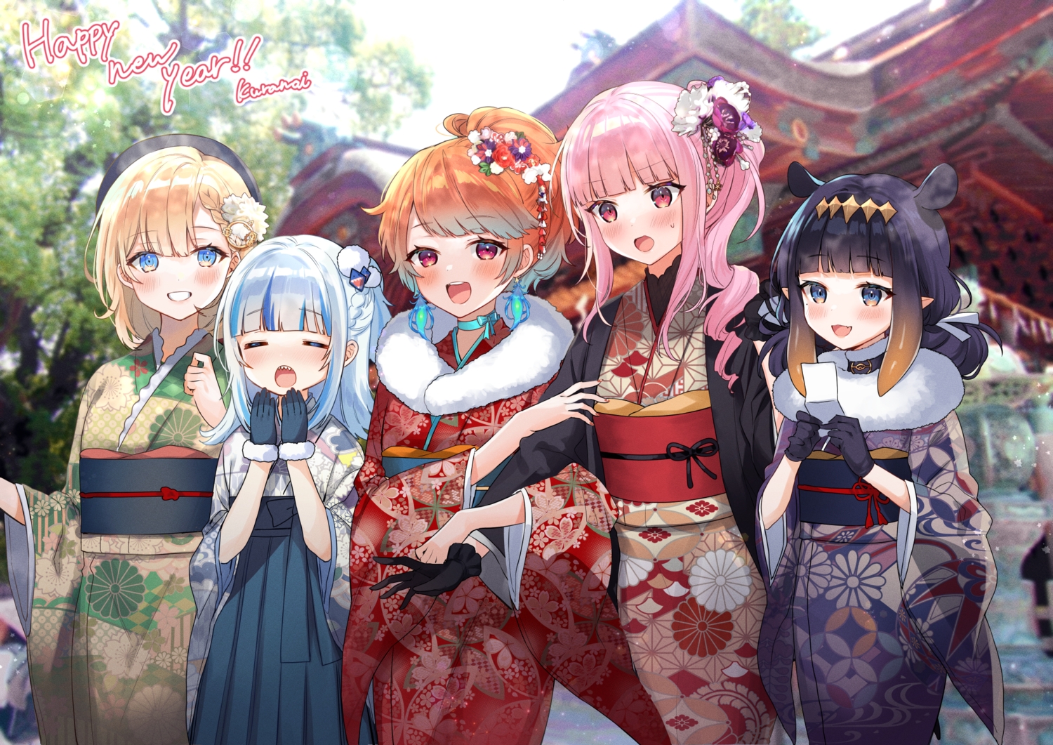 aliasing, amelia_watson, blush, brown_hair, gawr_gura, gloves, group, hololive, japanese_clothes, kimono, kura_noi, long_hair, mori_calliope, ninomae_ina'nis, pink_hair, pointed_ears, ponytail, purple_hair, shrine, signed, takanashi_kiara