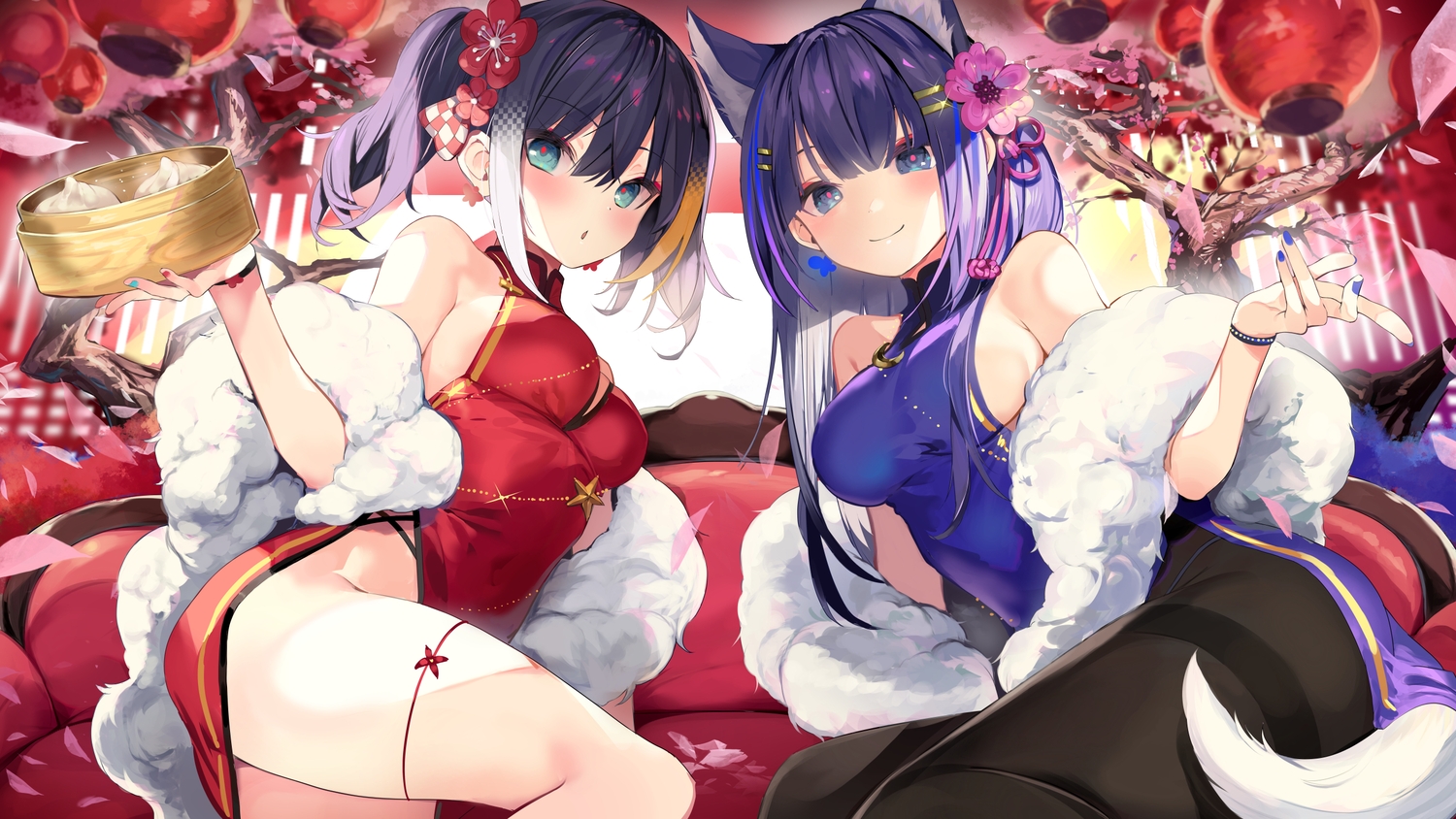 2girls, aliasing, amakawa_sakko, animal_ears, chinese_clothes, chinese_dress, displayer, dress, food, garter, long_hair, no_bra, nopan, pantyhose, purple_hair, rinka_raizenbain, tail, twintails, yoshibana_kokoro