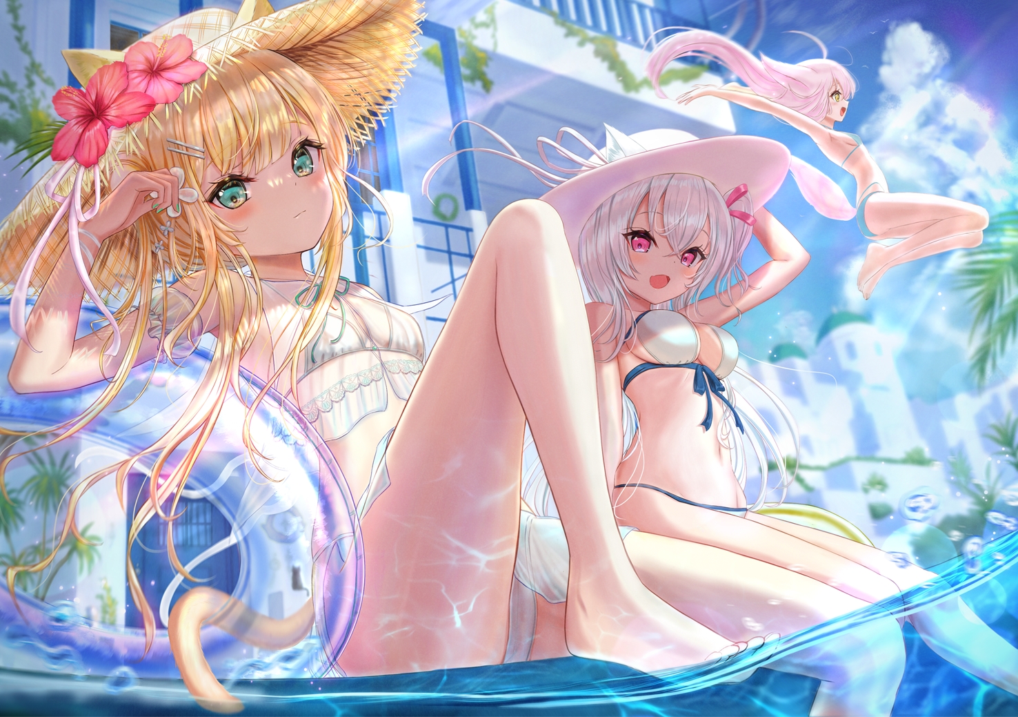 animal_ears, bikini, blonde_hair, building, flowers, hat, hou_no_ka, navel