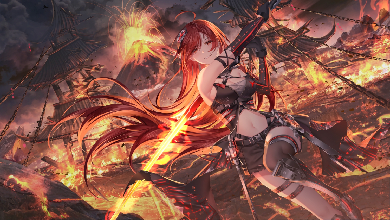 aliasing, building, chain, clouds, fire, junpaku_karen, long_hair, navel