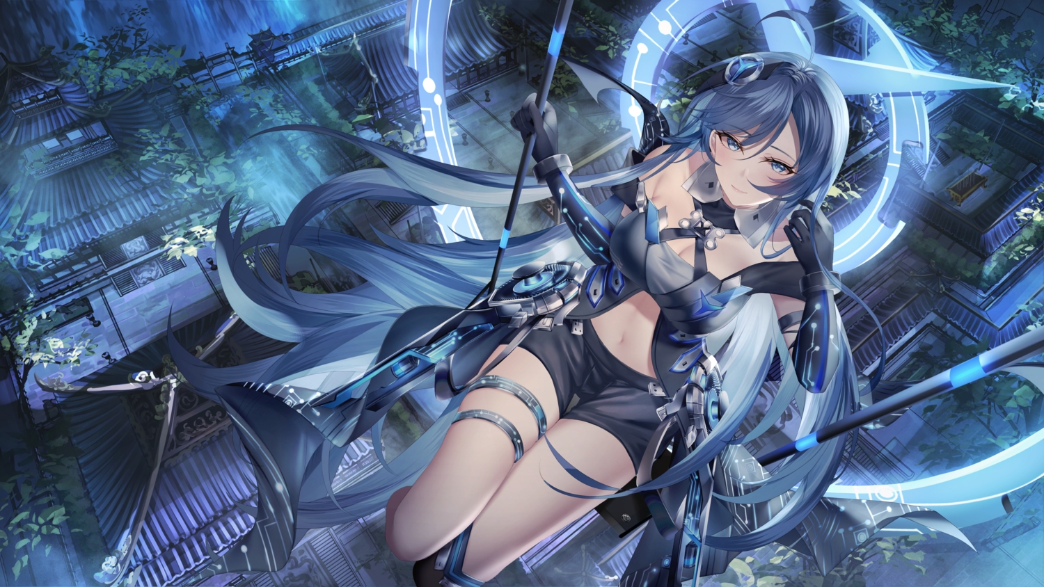 blue_eyes, blue_hair, building, elbow_gloves, garter, gloves, junpaku_karen, long_hair