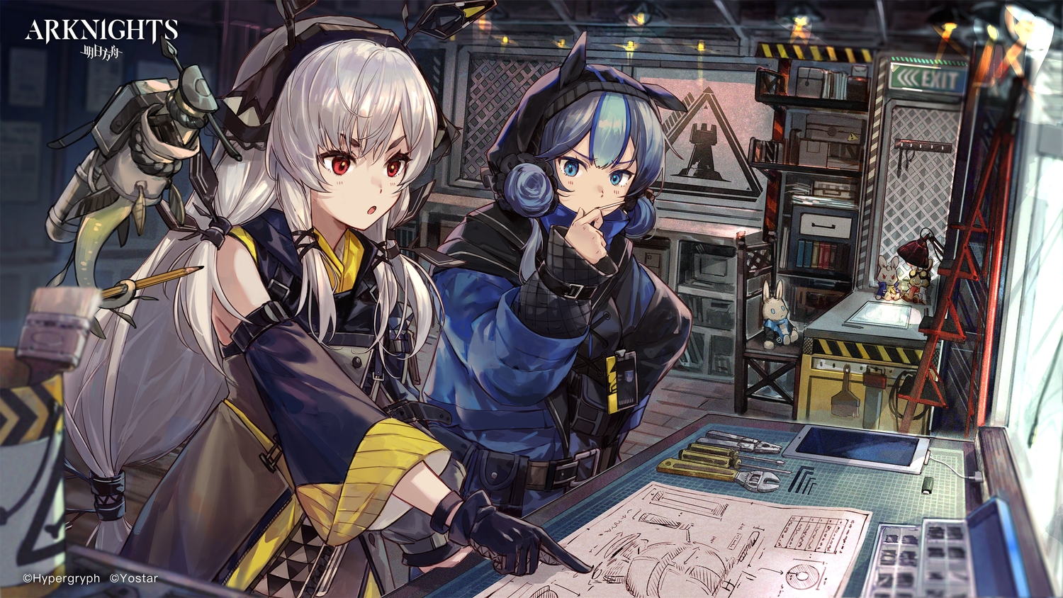 2girls, arknights, blue_eyes, blue_hair, csyday, glaucus_(arknights), gloves, gray_hair, hood, logo, long_hair, ponytail, red_eyes, weedy_(arknights)