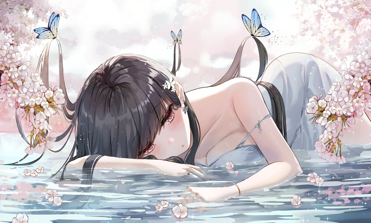 black_hair, blush, breasts, butterfly, cleavage, dress, flowers, long_hair