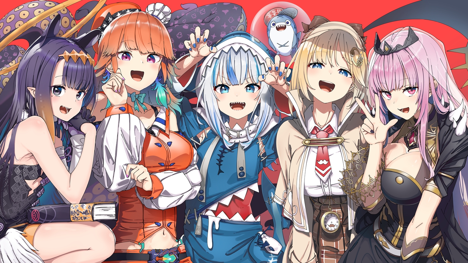 amelia_watson, aqua_eyes, blue_eyes, book, bow, breast_hold, breasts, cape, choker, cleavage, dress, fang, feathers, flat_chest, gawr_gura, gray_hair, group, hat, headdress, hololive, hood, long_hair, mori_calliope, navel, ninomae_ina'nis, orange_hair, pink_eyes, pink_hair, pointed_ears, purple_eyes, purple_hair, ribbons, shinomu_(cinomoon), shirt, short_hair, skirt, takanashi_kiara, tentacles, tie, wings