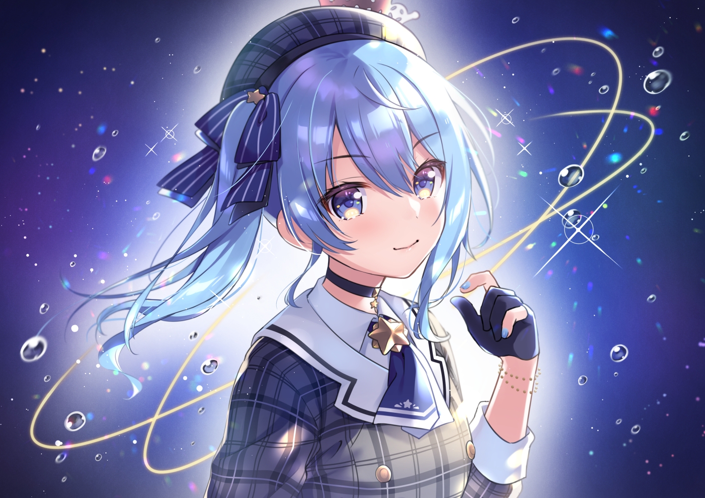aqua_hair, blue_eyes, choker, gloves, hat, hololive, hoshimachi_suisei, ponytail