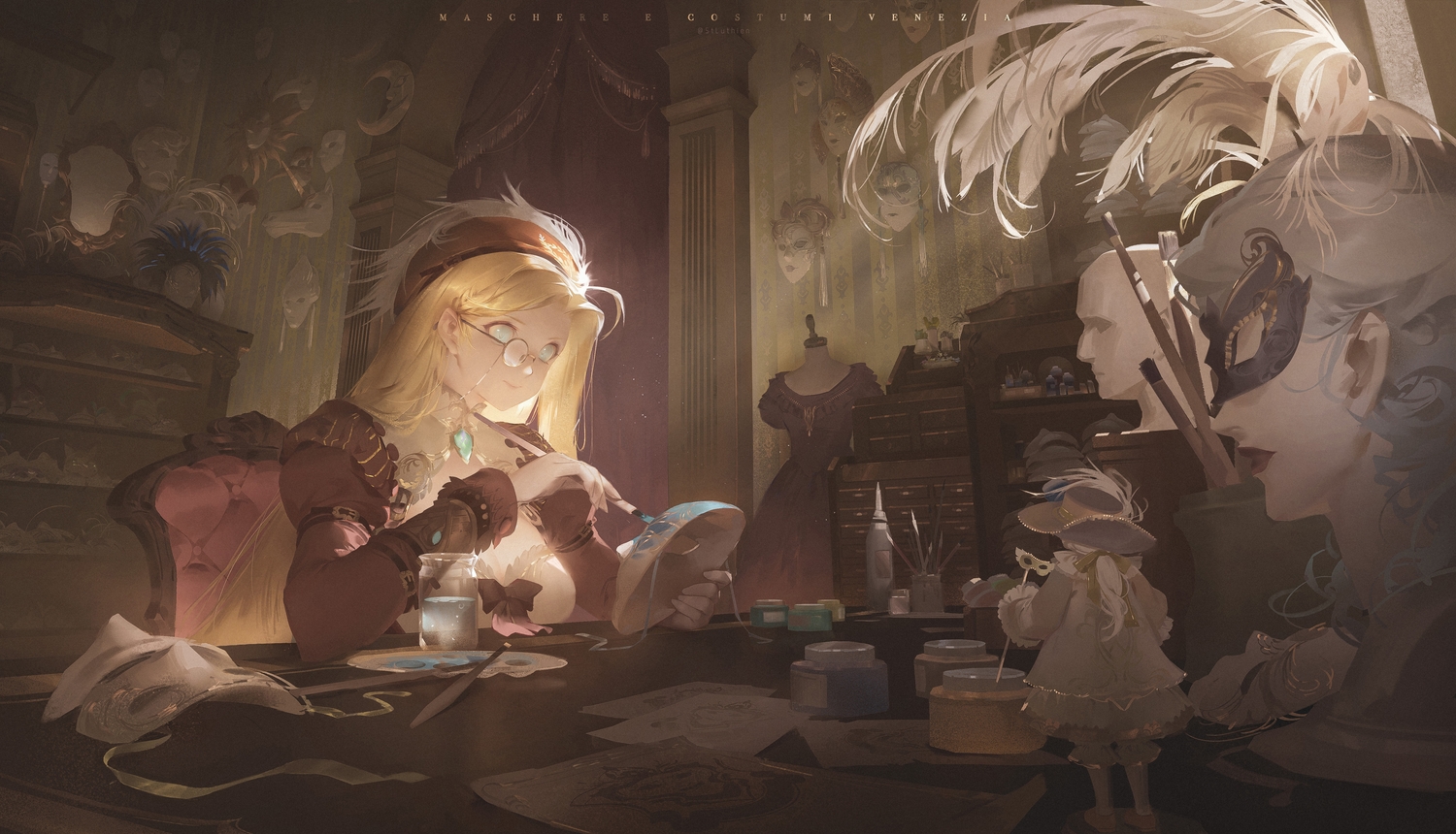 blonde_hair, blue_eyes, glasses, long_hair, original, saintluthien, scenic