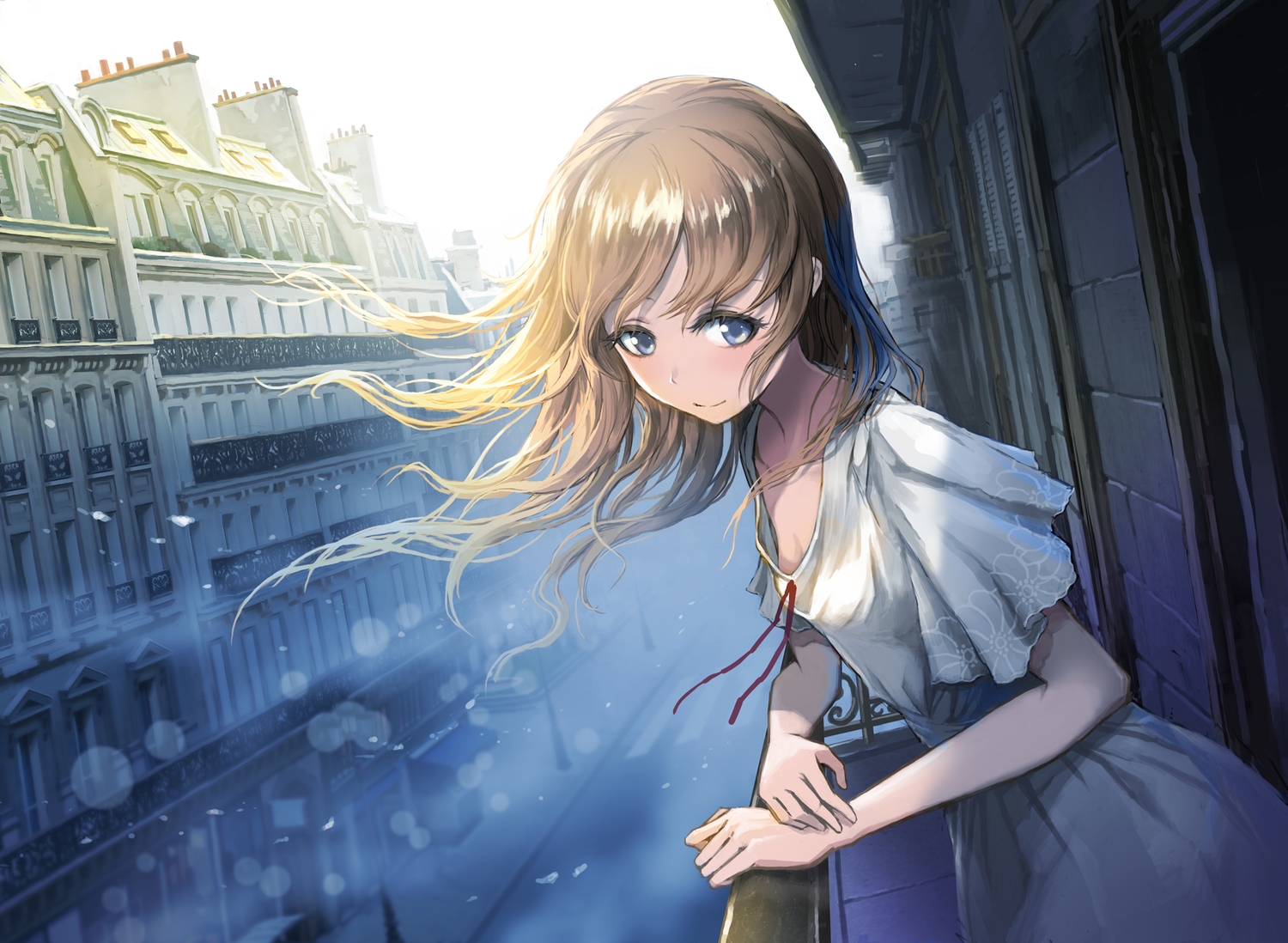 blue_eyes, blush, brown_hair, building, city, long_hair, original, reflection