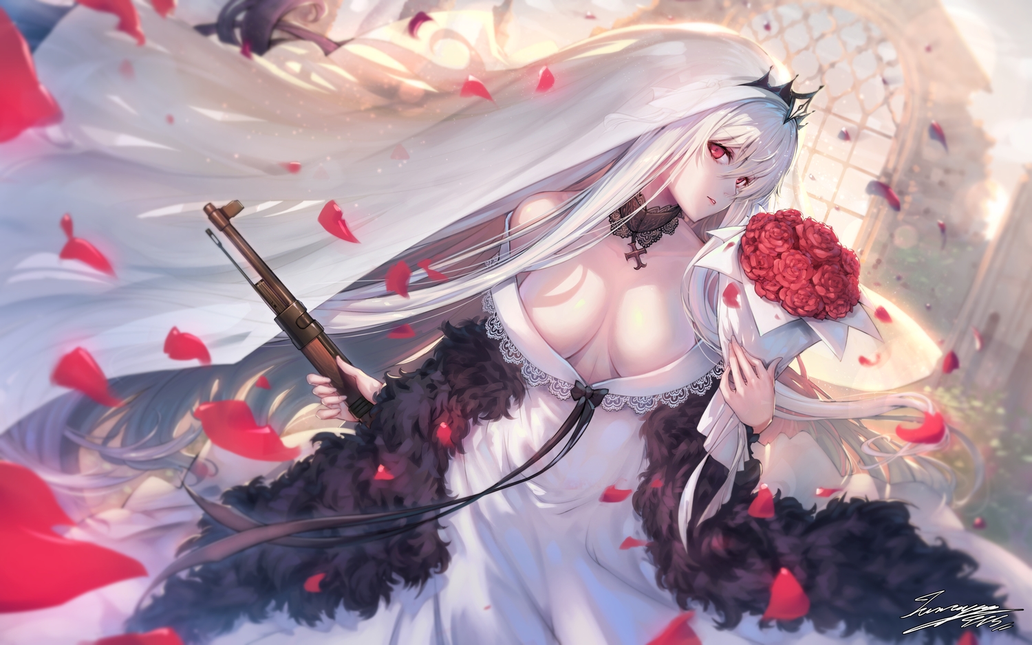 anthropomorphism, breasts, cross, flowers, girls_frontline, gun, headdress, kar98k_(girls_frontline), long_hair, petals, red_eyes, rose, signed, tamashii_yuu, tiara, weapon, wedding_attire, white_hair