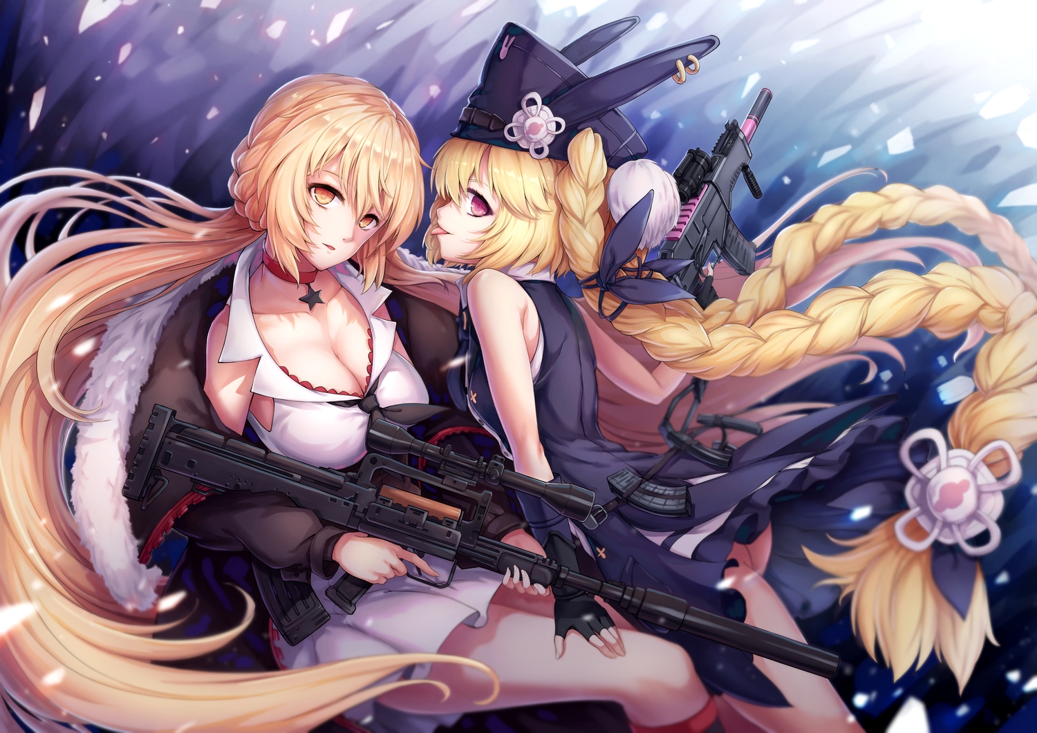 2girls, anthropomorphism, blonde_hair, braids, breasts, choker, cleavage, girls_frontline