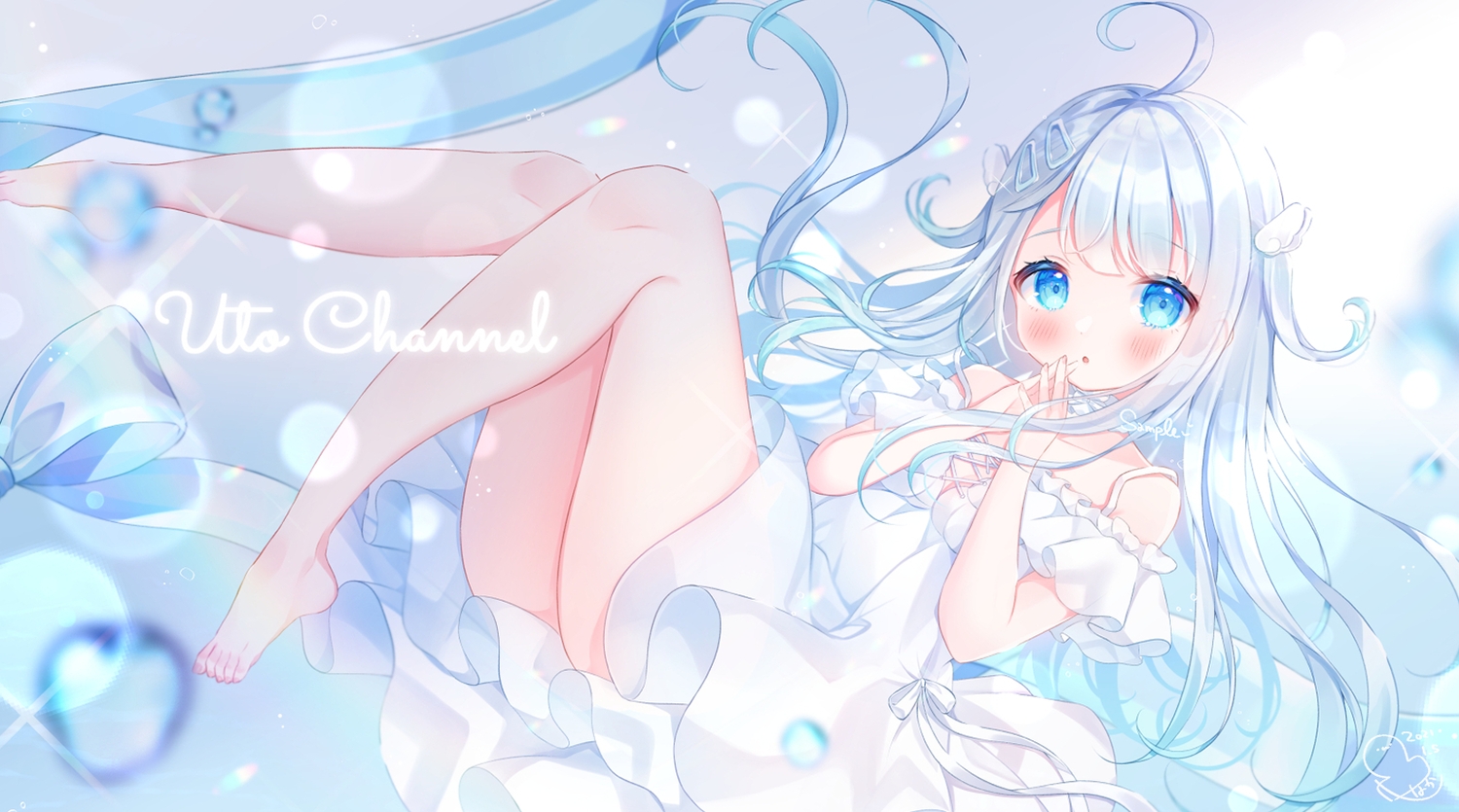 amatsuka_uto, aqua_eyes, barefoot, blush, dress, gray_hair, long_hair, omochi_monaka