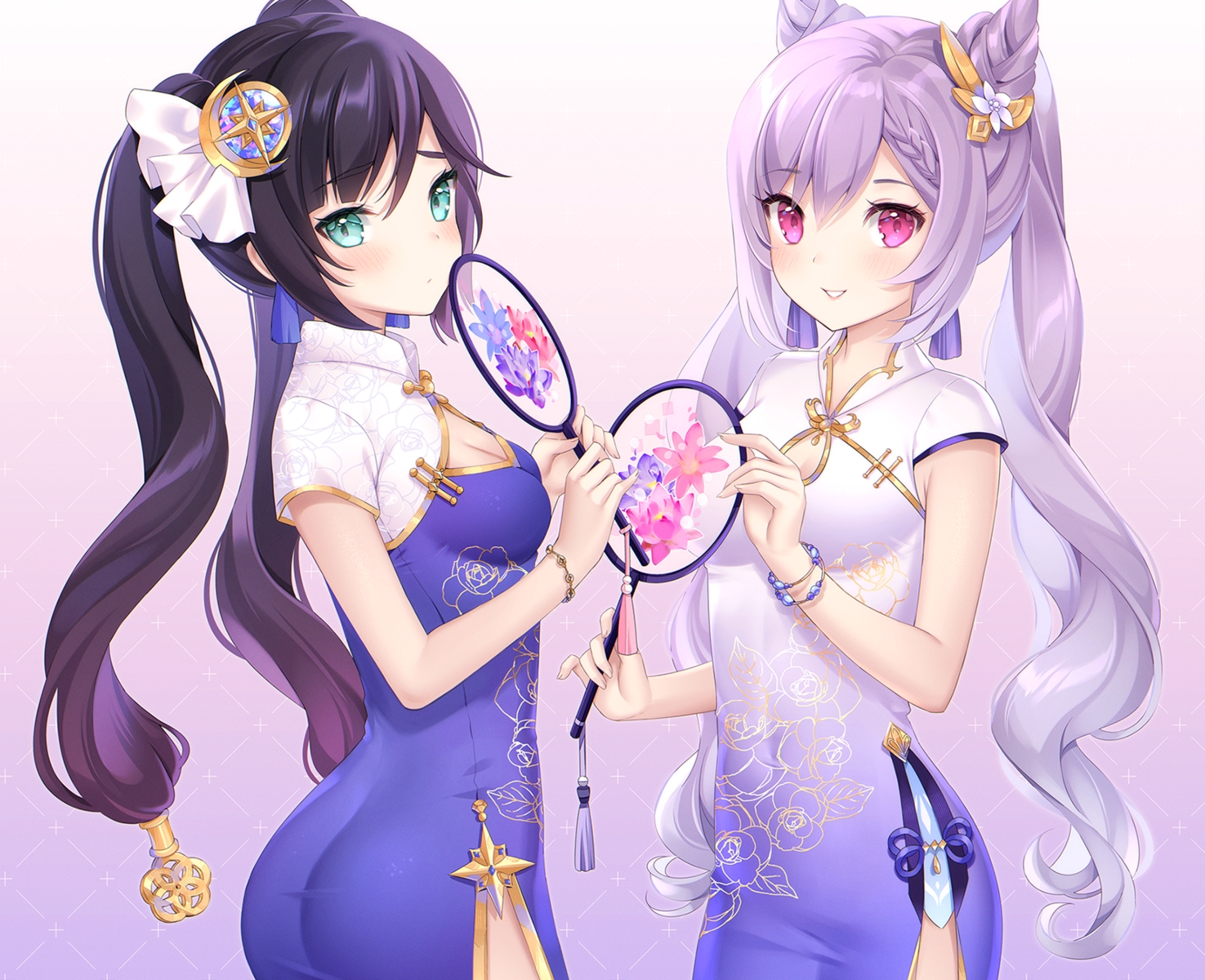 2girls, ass, black_hair, blush, breasts, chinese_clothes, chinese_dress, cleavage