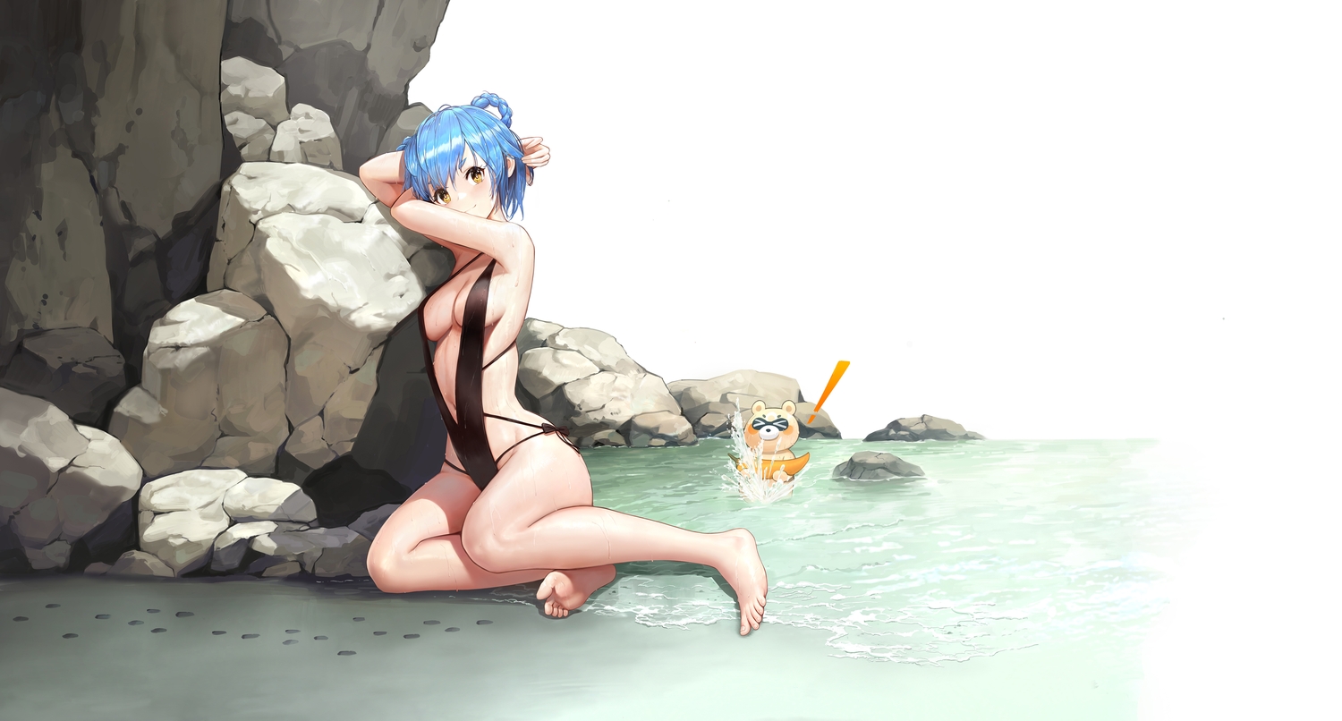 aqua_hair, barefoot, braids, breasts, cleavage, genshin_impact, guoba_(genshin_impact), short_hair