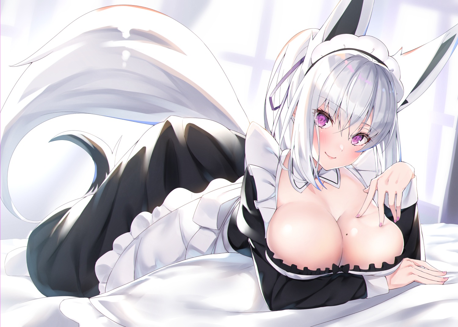 aliasing, animal_ears, apron, breast_hold, foxgirl, gray_hair, headdress, long_hair, maid, no_bra, original, ponytail, purple_eyes, shiro_youduki, tail
