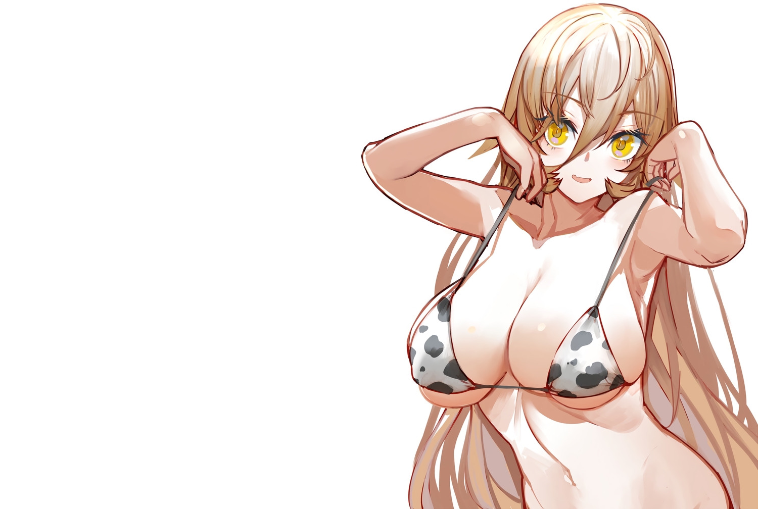 bikini, blonde_hair, breasts, cleavage, close, fang, long_hair, navel