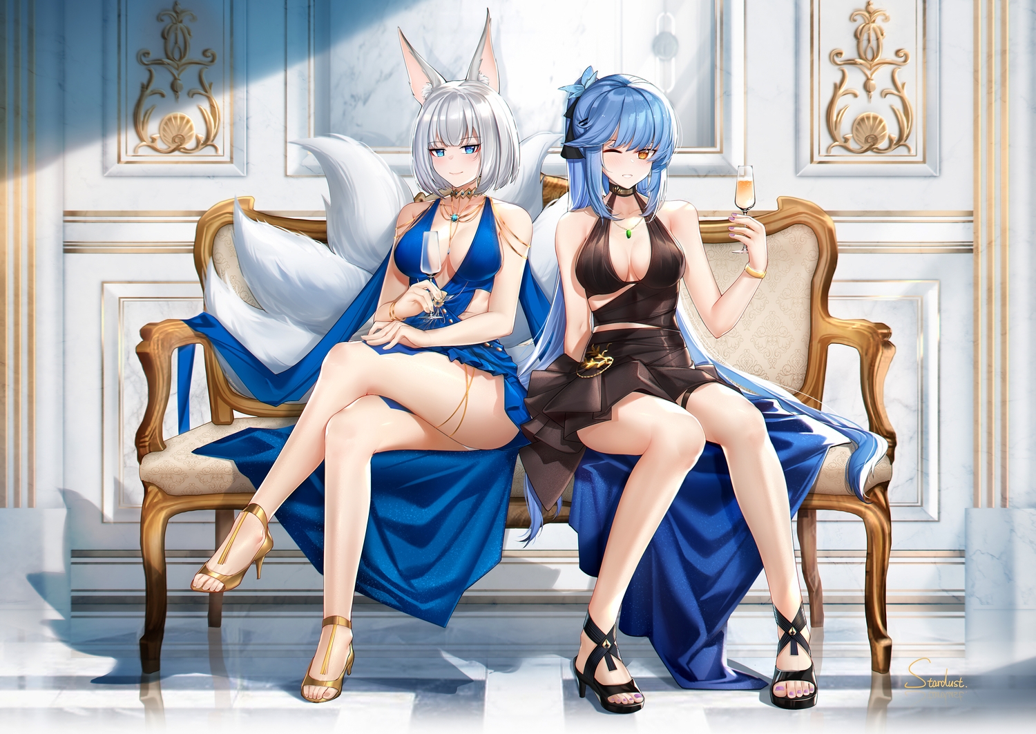 2girls, animal_ears, anthropomorphism, azur_lane, couch, dress, drink, essex_(azur_lane)