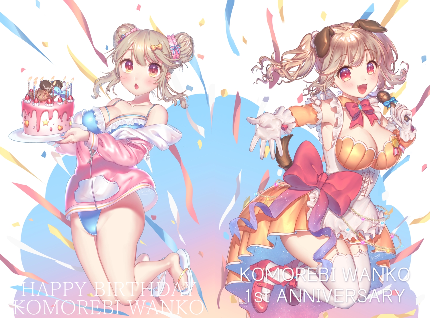 2girls, animal_ears, cake, food, kirisaki_(miku-azu-2525), komorebi_wanko, microphone, signed