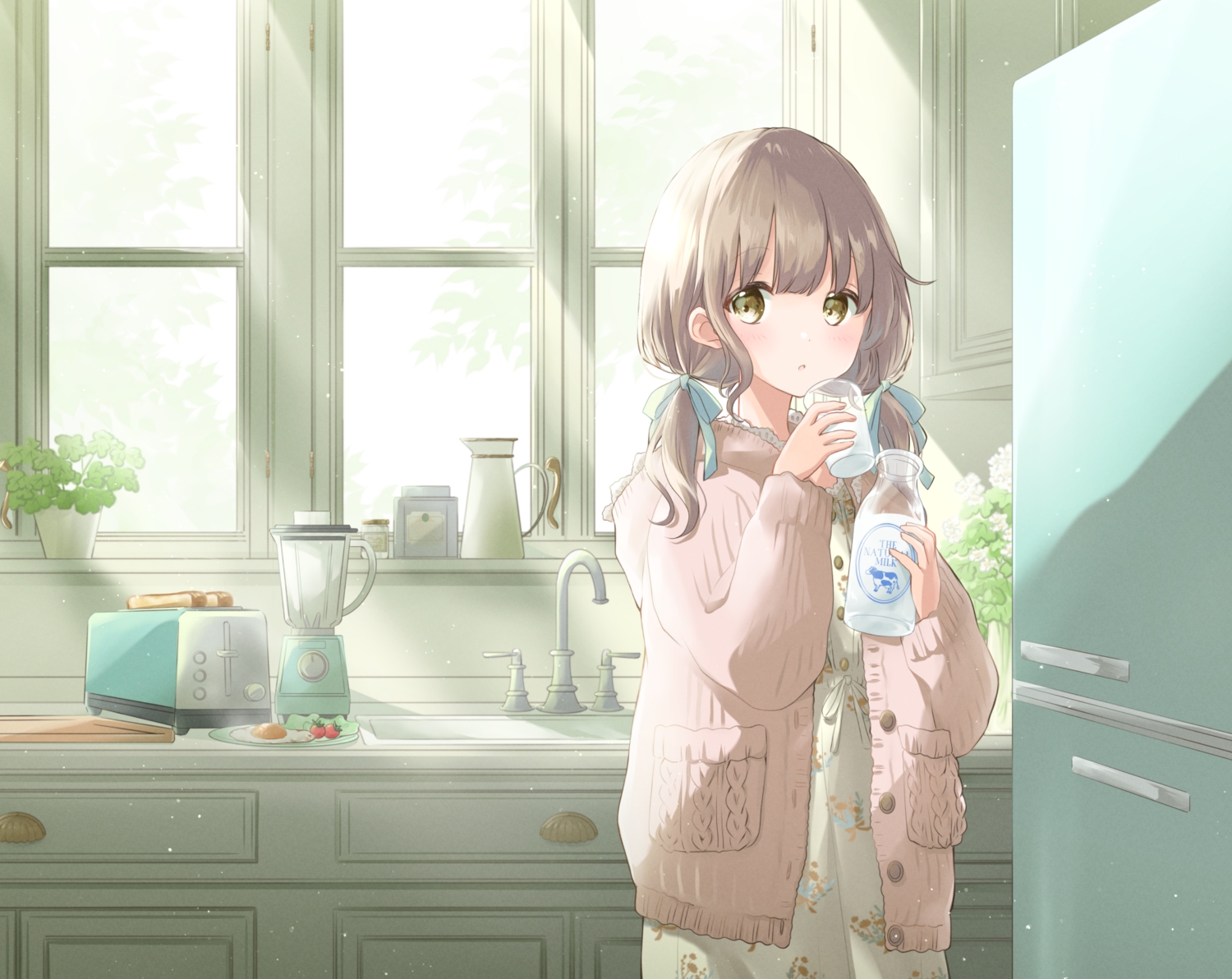 blush, brown_hair, drink, food, hoshiibara_mato, long_hair, original, twintails