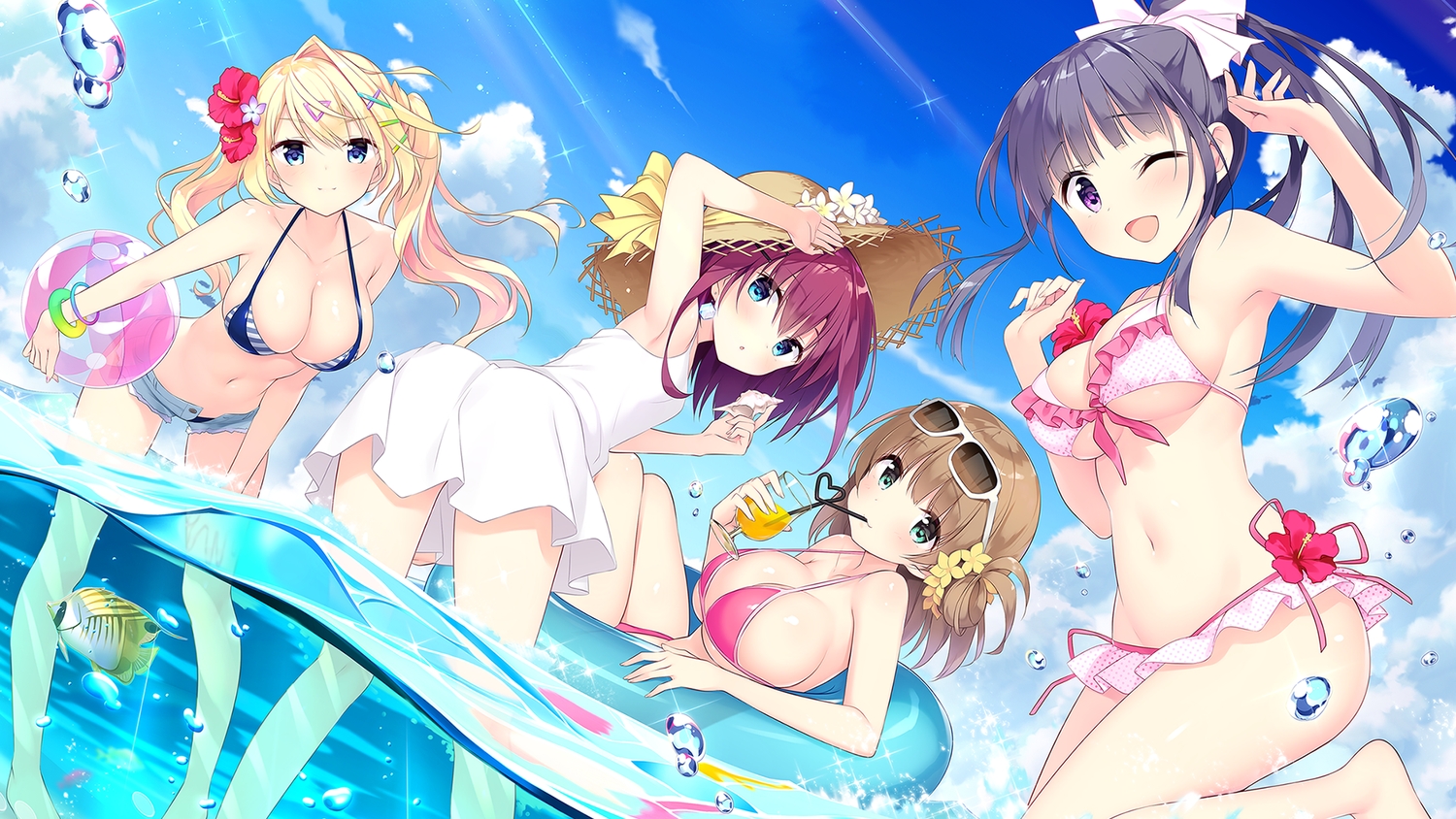 animal, arimura_romi, ass, ball, bikini, blonde_hair, bubbles, clouds, dress, drink, einstein_yori_ai_wo_komete, fish, game_cg, gray_hair, hat, kimishima_ao, long_hair, navel, nishino_kasumi, nitta_shinobu, ponytail, purple_hair, sakashita_iina, shorts, sky, sunglasses, swim_ring, swimsuit, twintails, water, wink