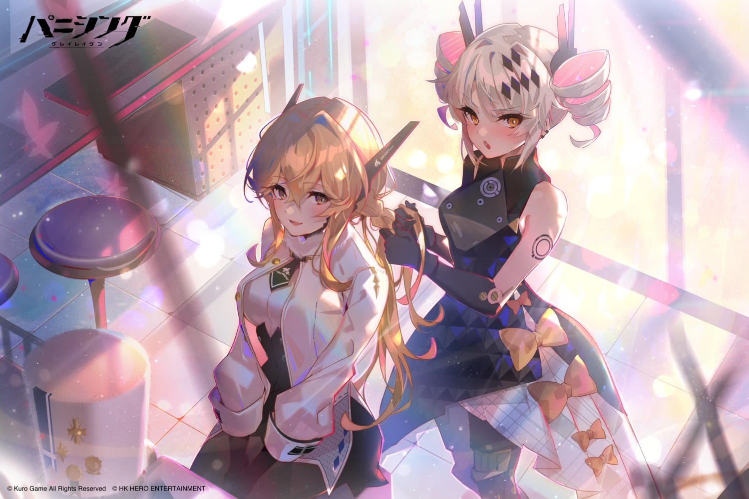2girls, aruterra, bianca_(pgr), bow, braids, dress, karenina_(pgr), logo, long_hair, punishing:_gray_raven, twintails