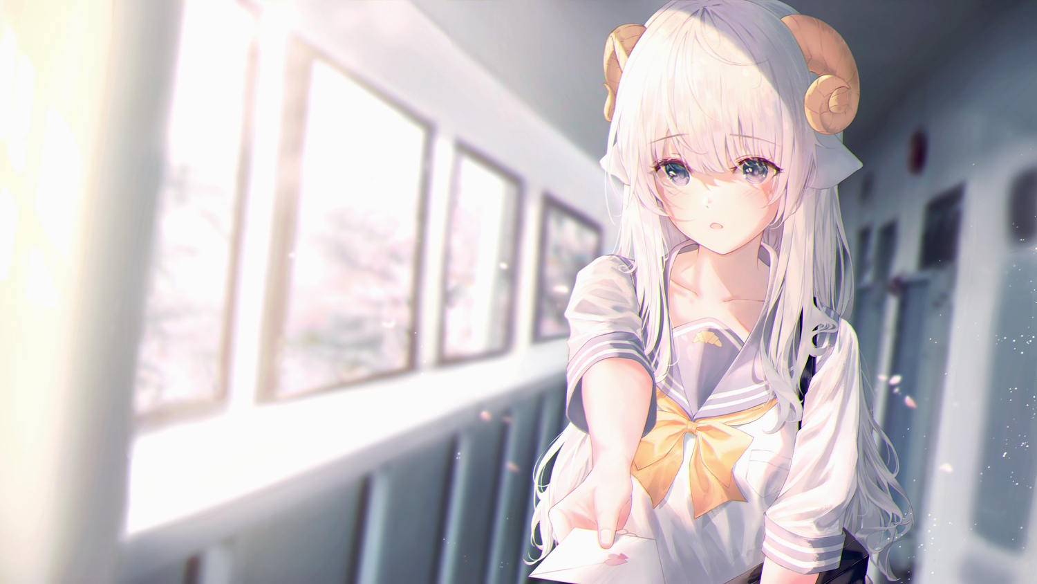 animal_ears, horns, long_hair, neiless_neiro, original, paper, school_uniform, sheepgirl