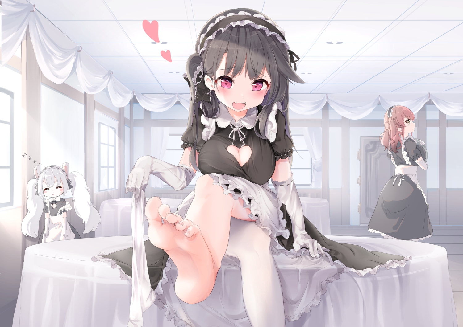aliasing, animal_ears, anthropomorphism, azur_lane, barefoot, black_hair, breasts, bunny_ears, bunnygirl, cleavage, elbow_gloves, fang, gloves, laffey_(azur_lane), long_hair, maid, nissi, pamiat_merkuria_(azur_lane), purple_eyes, sleeping, tagme_(character), twintails, white_hair