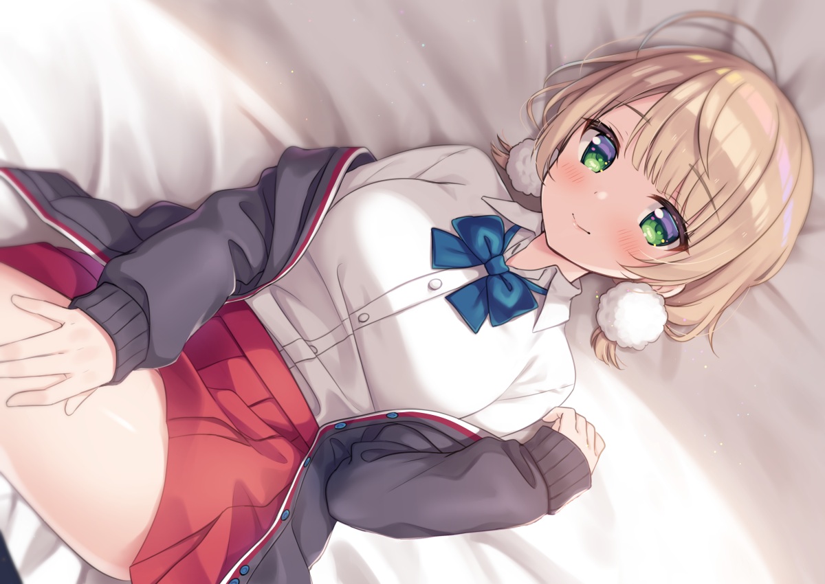 bed, blonde_hair, blush, bow, green_eyes, indie_virtual_youtuber, school_uniform, shigure_ui_(vtuber)