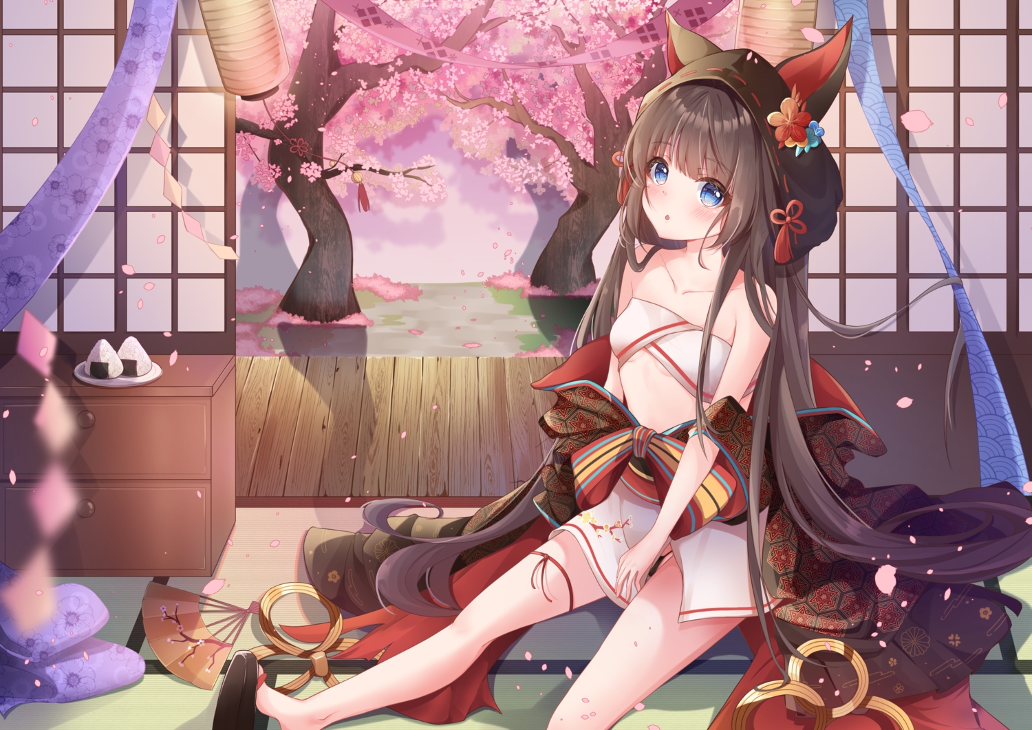 animal_ears, blue_eyes, brown_hair, cherry_blossoms, fan, flowers, food, francesca_(red:_pride_of_eden), hood, japanese_clothes, long_hair, nayuuchan, panties, red:_pride_of_eden, tree, underwear