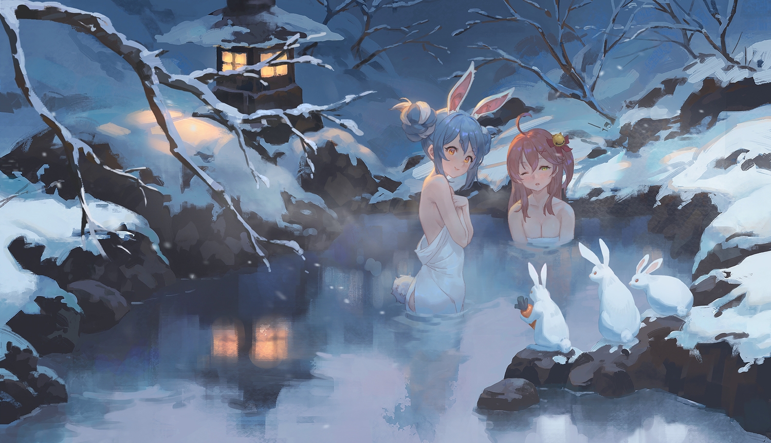 2girls, animal, animal_ears, bell, breasts, bunny_ears, bunnygirl, cleavage
